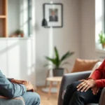 A diverse couple sitting with a licensed therapist in a modern, calming office environment with comfortable seating and natural lighting, discussing relationship concerns professionally