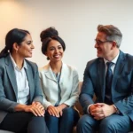 Professional diverse couple sitting together with therapist in modern office, warm lighting, both partners engaged in conversation, neutral background, clinical yet welcoming environment