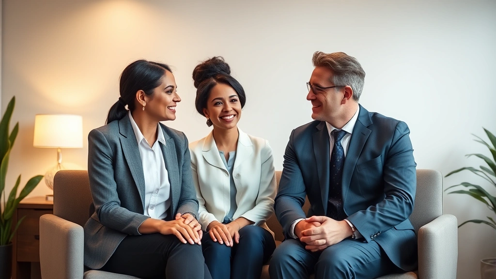 Professional diverse couple sitting together with therapist in modern office, warm lighting, both partners engaged in conversation, neutral background, clinical yet welcoming environment