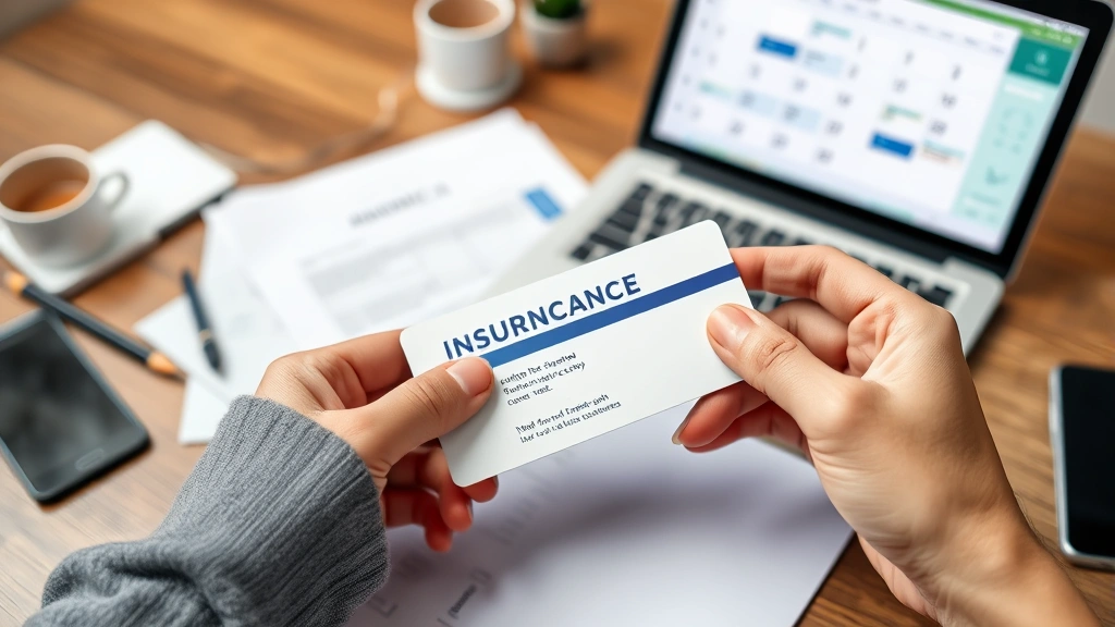 Close-up of hands holding an insurance card and healthcare documents on a desk, with a laptop showing a calendar scheduling appointments, representing insurance verification and therapy booking process