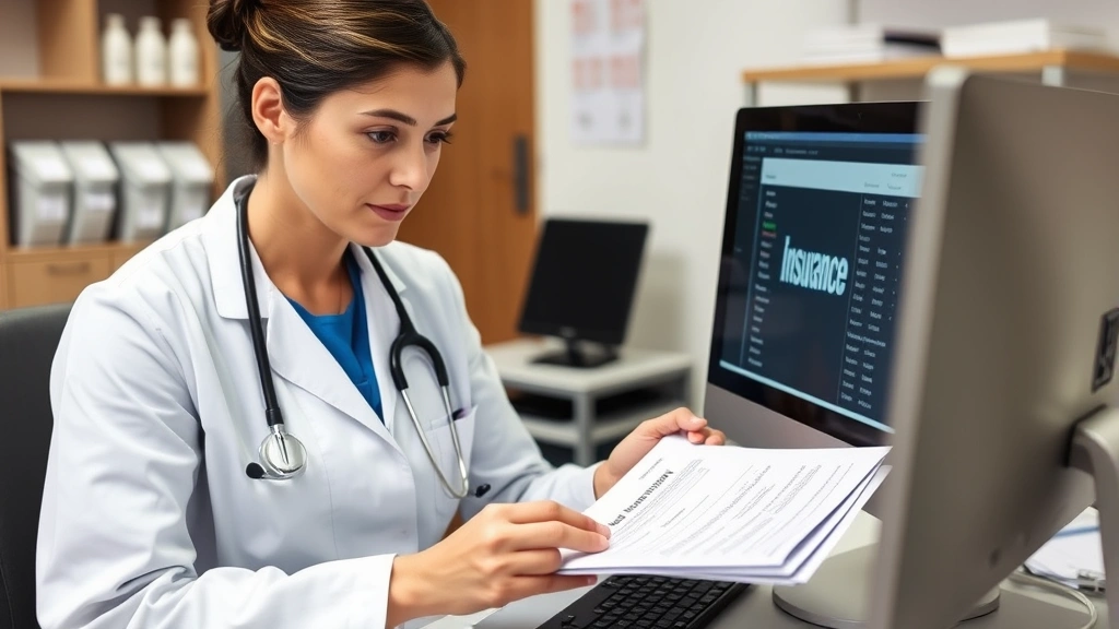 Healthcare professional reviewing insurance paperwork and digital health records on a computer, showing documentation of therapy benefits and coverage details in a medical office setting