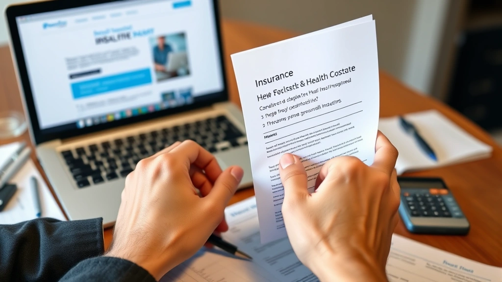 Close-up of hands holding insurance documents and health plan paperwork on a desk with a laptop showing insurance website. Organized, professional setting with pen and calculator visible, photorealistic.