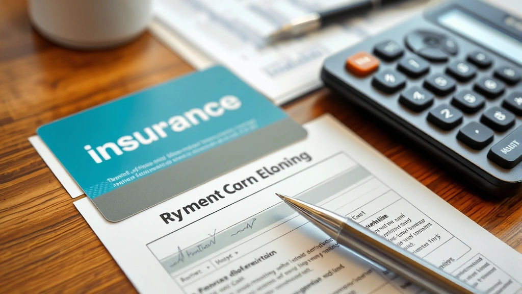 Close-up of insurance card and health documents on desk with pen and calculator, showing coverage details and mental health benefits information, professional office setting