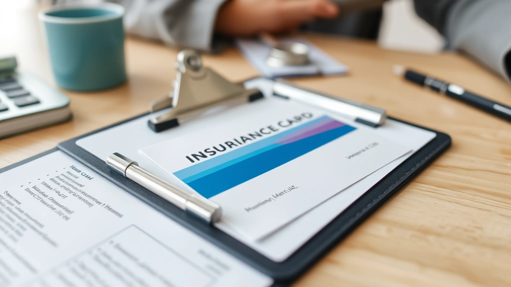 Close-up of insurance card and therapy appointment documentation on desk, clipboard with paperwork, healthcare administrative setup, professional office setting