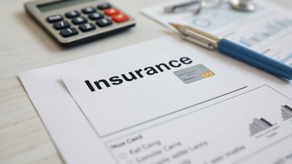 Close-up of insurance card and healthcare documents on desk with calculator and pen, organized paperwork, neutral professional background, clear details visible, realistic business photography