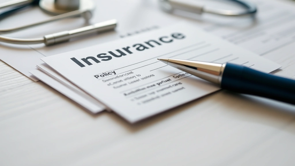Close-up of healthcare insurance card and documents on desk with pen, showing policy details, professional medical setting, soft natural lighting, no visible text on cards