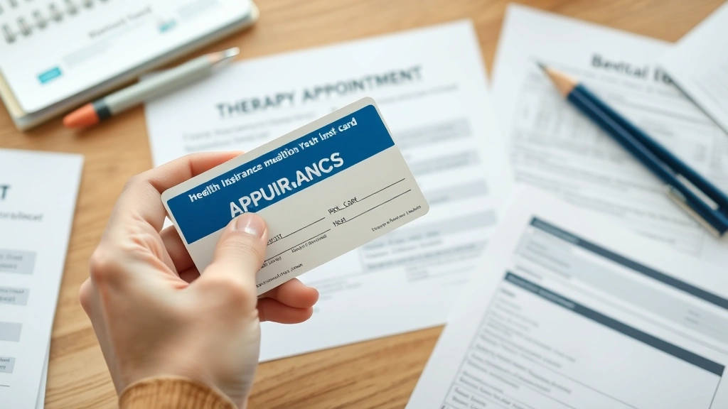 Close-up of hands holding a health insurance card and therapy appointment paperwork on a wooden desk, documents spread out showing insurance information and mental health coverage details