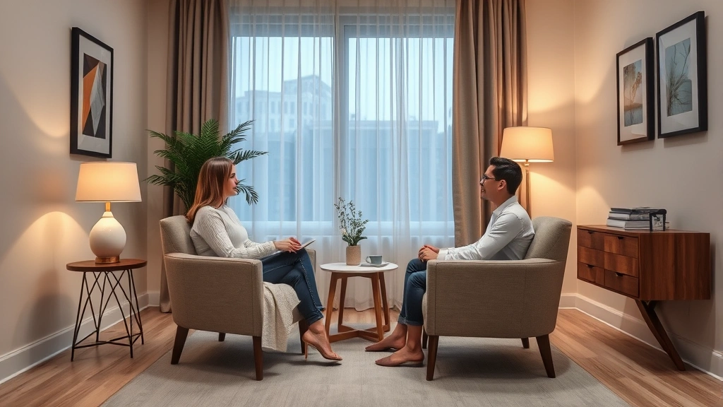 A therapist's office interior showing comfortable seating, neutral calming colors, soft lighting, and a professional yet warm environment, with two chairs positioned for couples counseling session
