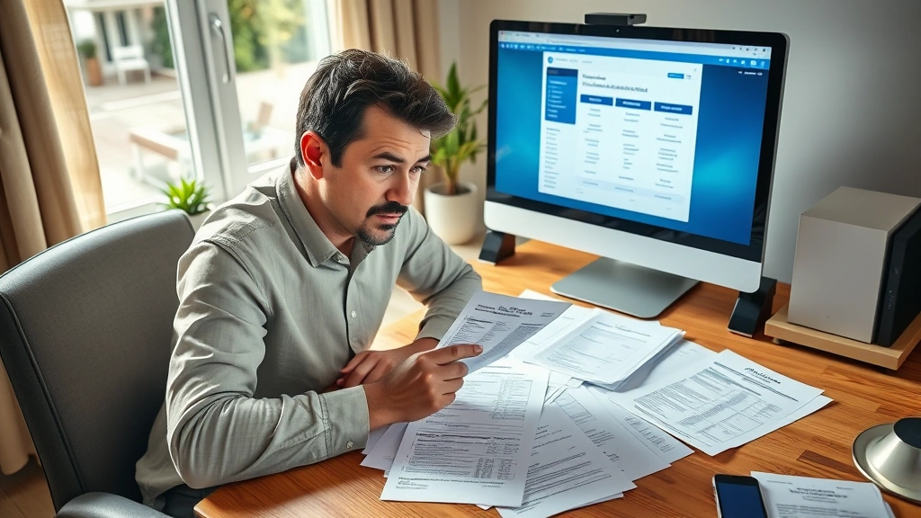 A person reviewing medical bills and insurance statements at a home desk, looking at paperwork spread out, with a computer monitor showing insurance portal. Thoughtful expression, natural daylight, photorealistic.