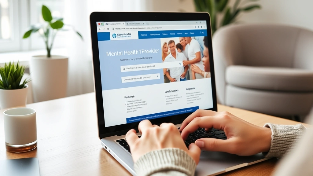 Laptop screen displaying insurance provider website with mental health services information and provider directory search, person's hands on keyboard, home office environment with neutral decor