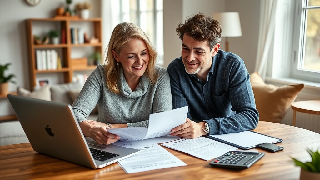 Diverse couple reviewing documents together at home with a laptop showing insurance provider website, checking coverage information, paperwork and calculator on table, natural daylight