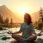 Person meditating in peaceful natural setting with mountains and flowing water, serene expression, warm sunlight filtering through trees, photorealistic, calming atmosphere, no text or graphics