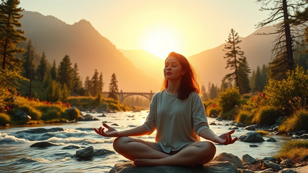 Person meditating in peaceful natural setting with mountains and flowing water, serene expression, warm sunlight filtering through trees, photorealistic, calming atmosphere, no text or graphics