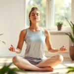 Person sitting in lotus position meditating peacefully in sunlit room with plants, eyes closed, serene expression, warm natural light streaming through windows, minimalist modern interior