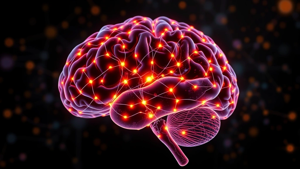 Brain neural network visualization with glowing synapses and connections, abstract scientific illustration showing mindfulness-activated regions, warm and cool color contrast, no text or labels