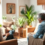 Diverse therapy session showing therapist and client in warm, professional office with natural lighting, comfortable seating, plants, and welcoming atmosphere indicating trust and safety