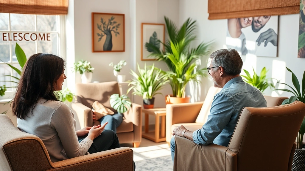 Diverse therapy session showing therapist and client in warm, professional office with natural lighting, comfortable seating, plants, and welcoming atmosphere indicating trust and safety