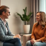 Professional therapist and client in a warm, comfortable therapy office setting with soft lighting, engaged in genuine conversation, conveying trust and emotional safety, photorealistic