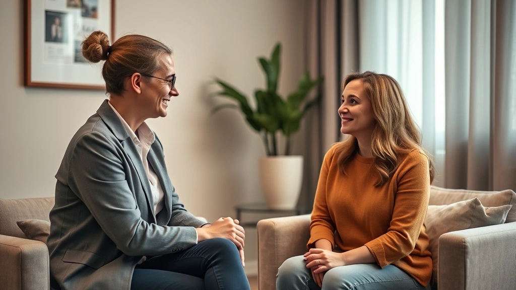 Professional therapist and client in a warm, comfortable therapy office setting with soft lighting, engaged in genuine conversation, conveying trust and emotional safety, photorealistic