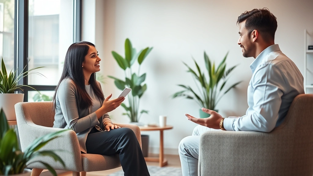 Professional therapist in modern office conducting session with client, warm lighting, comfortable seating, plants visible, both appearing engaged in conversation, realistic photography style