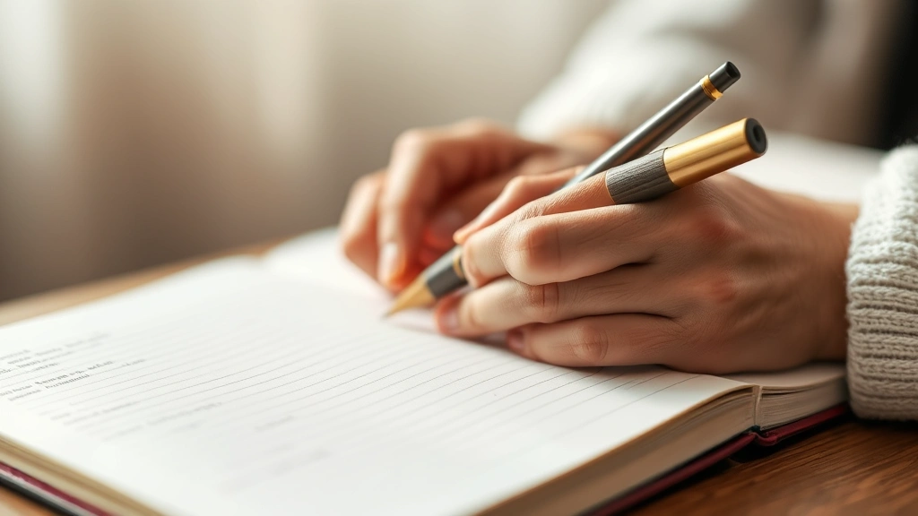 Closeup of person writing in journal during therapy process, showing reflection and self-discovery with soft natural light, pen, notebook, conveying therapeutic progress and growth