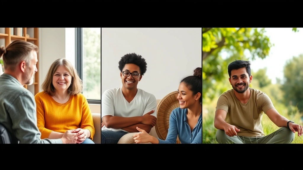 Diverse group of people in various therapeutic settings—one in counseling session, another in group therapy, another in outdoor wellness activity—representing different therapy types and accessibility, photorealistic