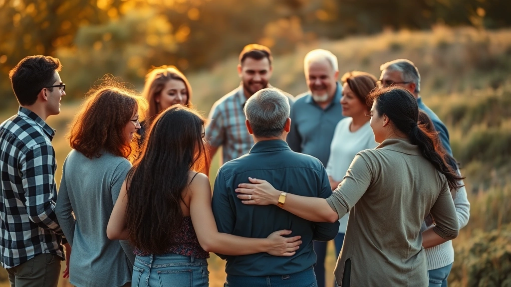 Diverse group of people in supportive circle formation outdoors in nature setting, representing therapeutic community and emotional support, warm golden hour lighting, realistic candid photography