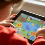 Close-up of a child's hands using a tablet with colorful interactive speech therapy app interface showing hidden objects in illustrated scene, natural lighting, focused concentration