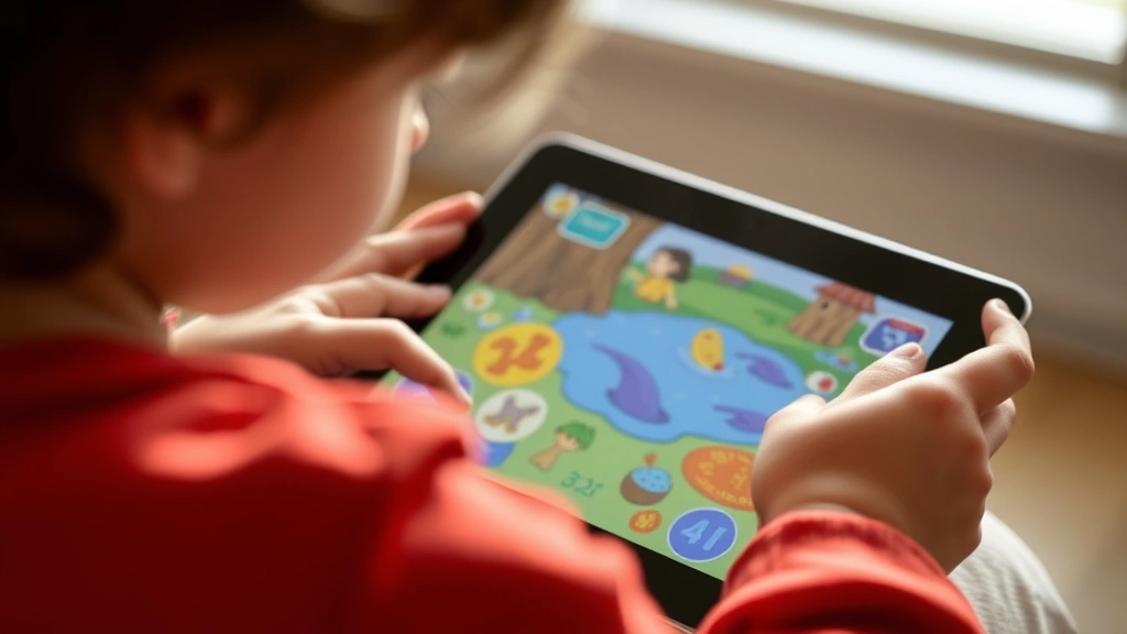Close-up of a child's hands using a tablet with colorful interactive speech therapy app interface showing hidden objects in illustrated scene, natural lighting, focused concentration