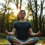 Person meditating in serene nature setting with peaceful expression, morning sunlight filtering through trees, calm and centered demeanor, photorealistic wellness imagery