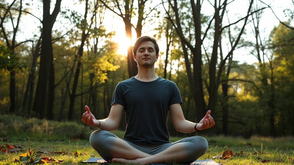 Person meditating in serene nature setting with peaceful expression, morning sunlight filtering through trees, calm and centered demeanor, photorealistic wellness imagery