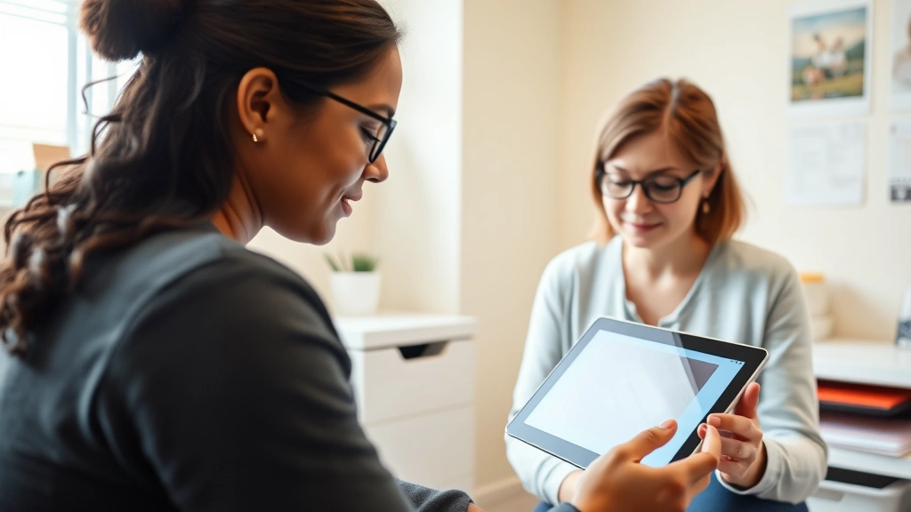 Speech-language pathologist observing patient on tablet during therapy session in bright clinical office, both viewing screen together, warm professional environment with therapy materials visible