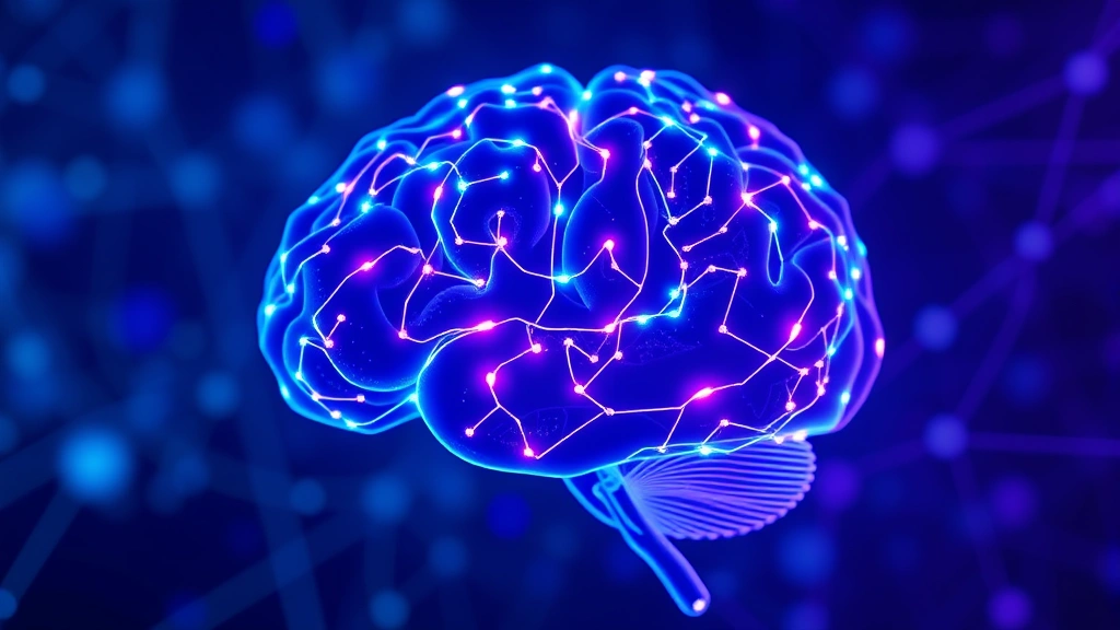 Abstract representation of brain neural connections lighting up in blue and purple, symbolizing language processing and cognitive development during interactive digital therapy activities