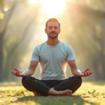 Person in cross-legged meditation position in serene natural setting with soft sunlight filtering through trees, photorealistic, peaceful expression, hands resting on knees