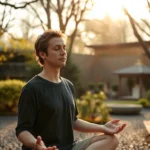 Person meditating in peaceful zen garden with soft morning light filtering through trees, serene expression, natural earth tones, no text visible