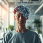Person meditating in bright, modern office workspace with neural network visualization overlaid on their head, representing mindfulness and brain connectivity, photorealistic, peaceful focused expression