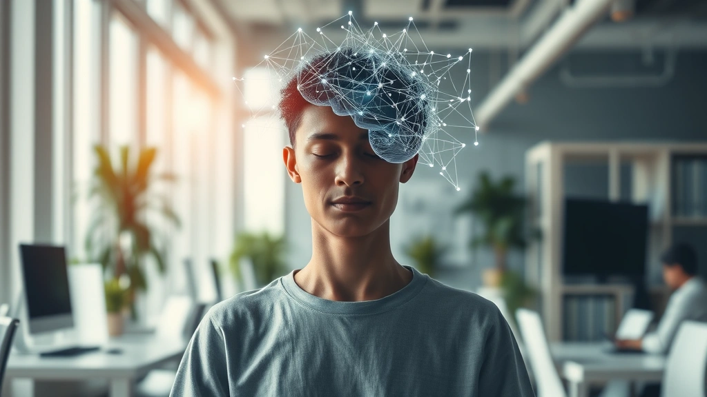 Person meditating in bright, modern office workspace with neural network visualization overlaid on their head, representing mindfulness and brain connectivity, photorealistic, peaceful focused expression