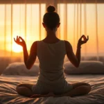 Serene person in meditation pose on bed at sunset, soft warm lighting, peaceful bedroom environment, photorealistic, no text or screens visible