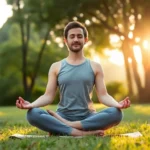 Person in lotus position meditating peacefully in serene natural setting with soft morning light filtering through trees, calm expression, mindfulness concept