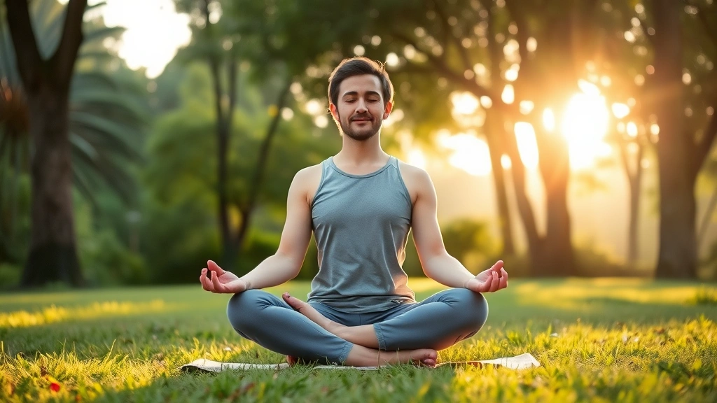 Person in lotus position meditating peacefully in serene natural setting with soft morning light filtering through trees, calm expression, mindfulness concept