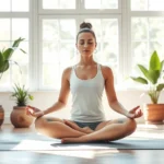 A person sitting in peaceful meditation posture on a yoga mat in a serene room with soft natural light streaming through windows, surrounded by potted plants, serene expression on face, professional photography