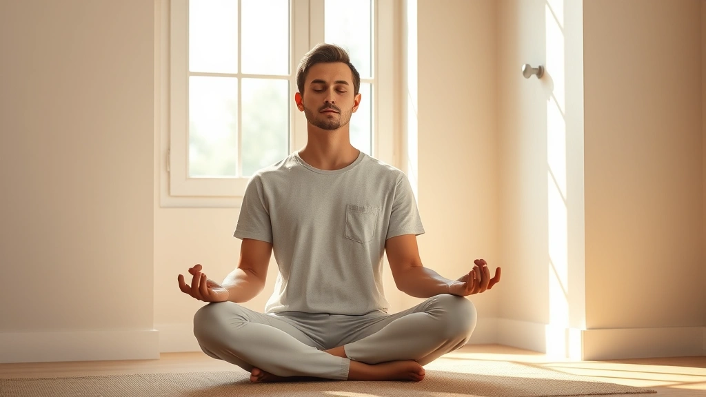 Person in peaceful meditation pose sitting by a window with soft natural light streaming in, serene facial expression, minimalist modern room background, warm earth tones, photorealistic