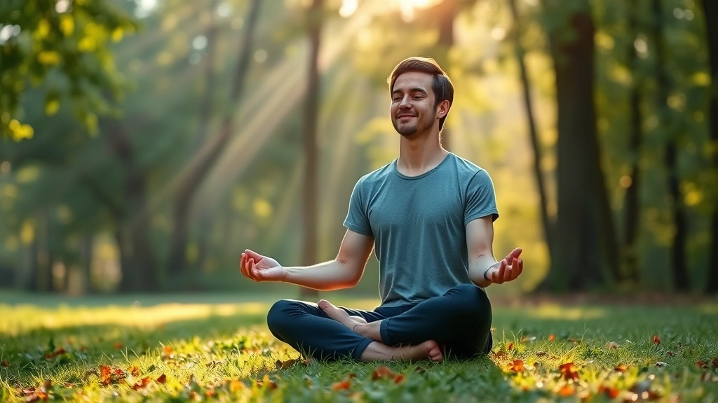 Person sitting cross-legged in peaceful meditation pose in serene natural setting with soft morning light filtering through trees, showing calm facial expression and relaxed posture