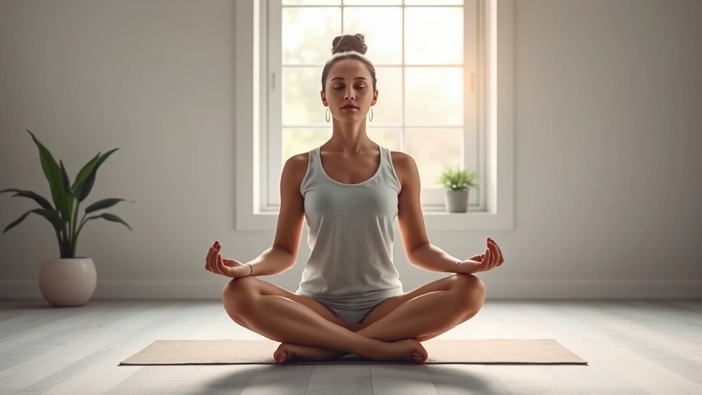 Person meditating peacefully in lotus position, serene expression, soft natural lighting from window, minimalist zen environment with plants, photorealistic, no text or distractions