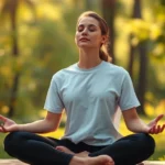 Serene person sitting in meditation posture in peaceful natural setting with soft morning light, eyes closed, calm facial expression, outdoor garden or forest background, photorealistic, no text