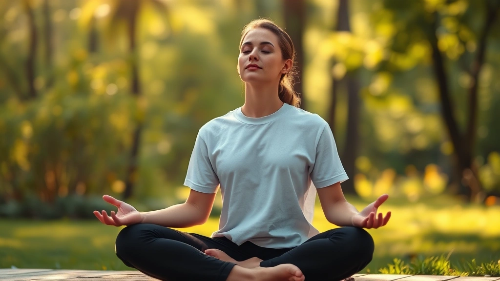 Serene person sitting in meditation posture in peaceful natural setting with soft morning light, eyes closed, calm facial expression, outdoor garden or forest background, photorealistic, no text