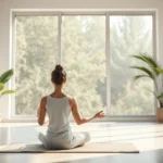 A serene person meditating in a bright, modern minimalist room with soft natural light streaming through large windows, surrounded by plants and peaceful atmosphere, photorealistic