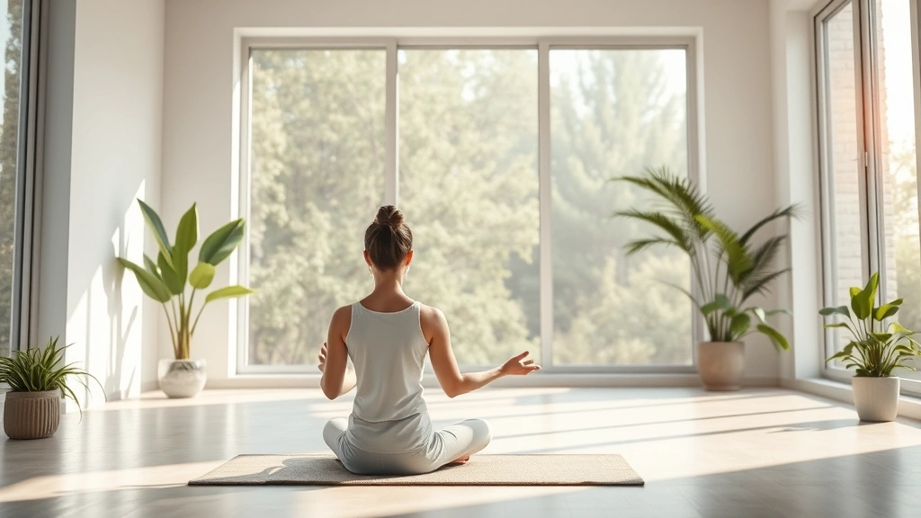 A serene person meditating in a bright, modern minimalist room with soft natural light streaming through large windows, surrounded by plants and peaceful atmosphere, photorealistic