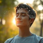 Person meditating in peaceful natural setting with soft sunlight, brain visualization overlay showing neural pathways glowing, serene expression, photorealistic, no text