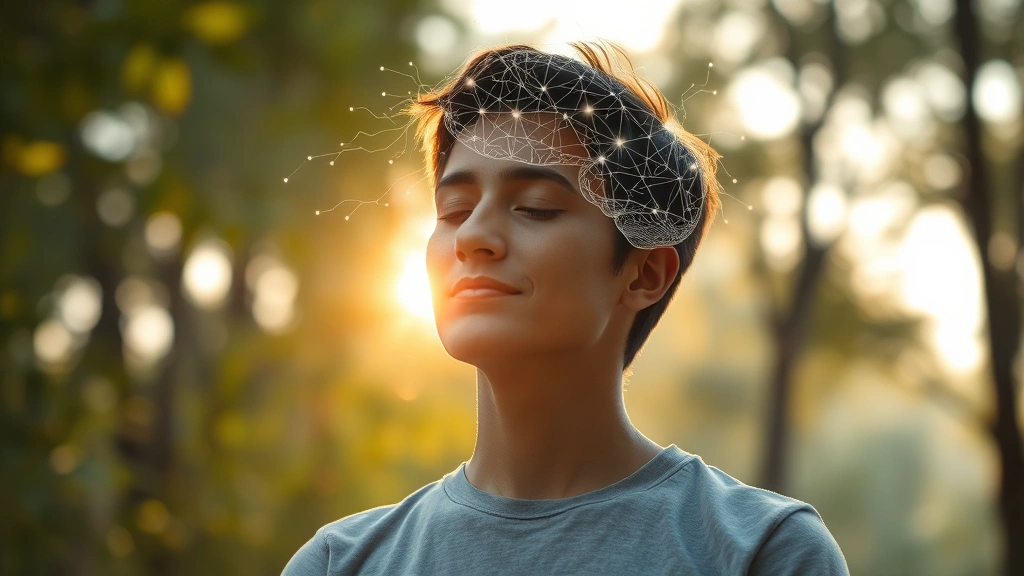 Person meditating in peaceful natural setting with soft sunlight, brain visualization overlay showing neural pathways glowing, serene expression, photorealistic, no text